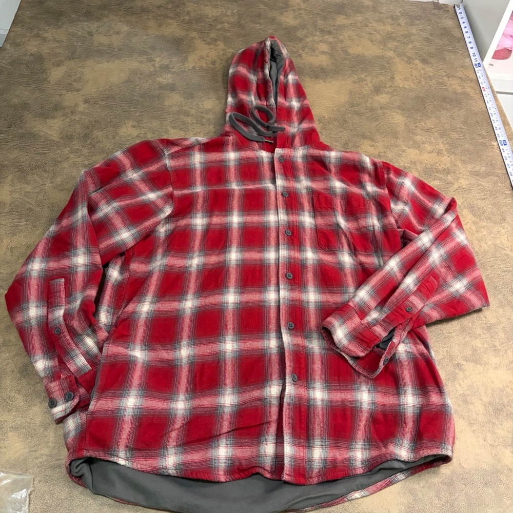 Red Head Hooded Flannel Shirt Mens Large Red Plaid Lined Button Front 1234
